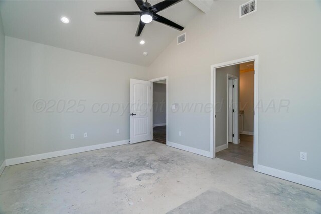 1634 Northridge St, Dumas, TX 79029 - unfurnished bedroom featuring unfinished concrete flooring, high vaulted ceiling, beam ceiling, baseboards, and ceiling fan