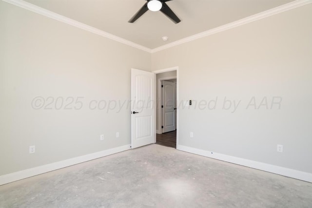 1634 Northridge St, Dumas, TX 79029 - spare room featuring unfinished concrete flooring, crown molding, baseboards, and a ceiling fan
