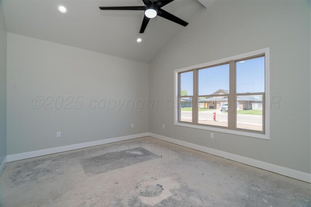1634 Northridge St, Dumas, TX 79029 - empty room with concrete flooring, baseboards, ceiling fan, vaulted ceiling, and recessed lighting