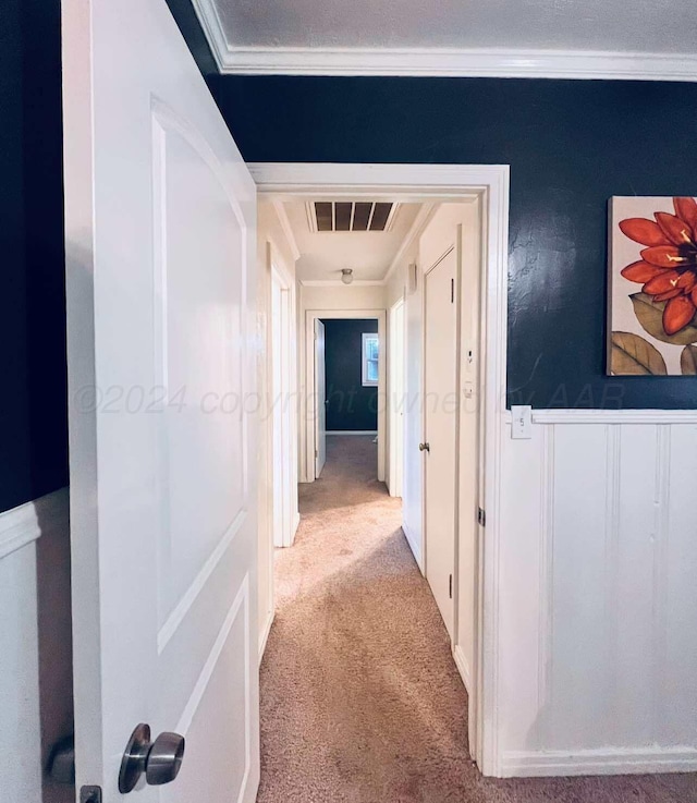 hallway with light carpet and ornamental molding