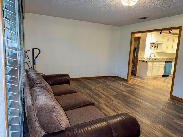 219 Kiekbusch St, Borger, TX 79007 - living room featuring light wood finished floors, a textured ceiling, visible vents, and baseboards