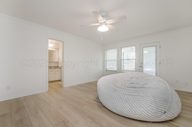 514 Melody Ln, Amarillo, TX 79118 - bedroom featuring crown molding, baseboards, light wood-style floors, access to outside, and ensuite bath