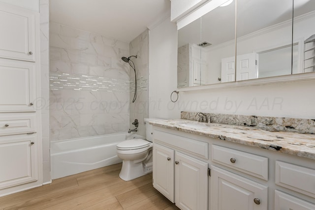 514 Melody Ln, Amarillo, TX 79118 - bathroom with vanity, toilet, wood finished floors, shower / bath combination, and crown molding
