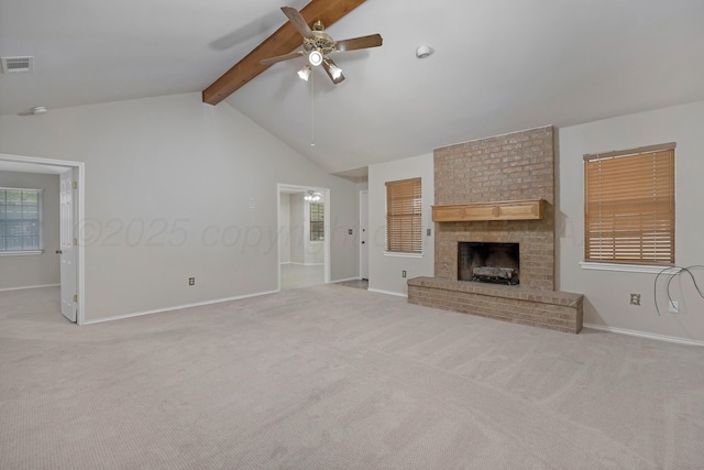 unfurnished living room featuring ceiling fan, baseboards, a brick fireplace, and carpet