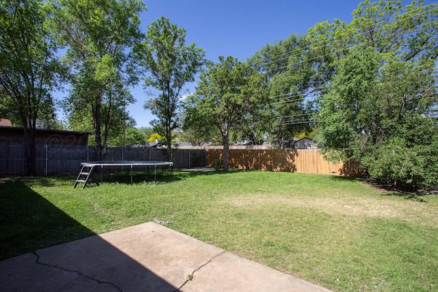view of yard featuring a trampoline and a patio