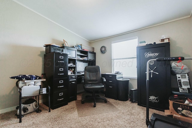 office with crown molding and light carpet