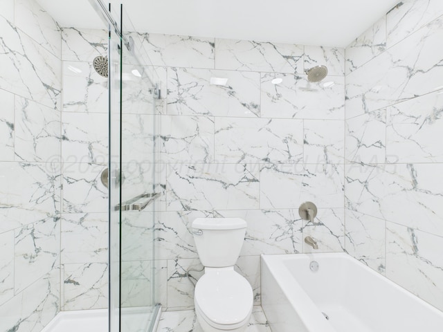 full bathroom featuring tile walls, bathtub / shower combination, and toilet