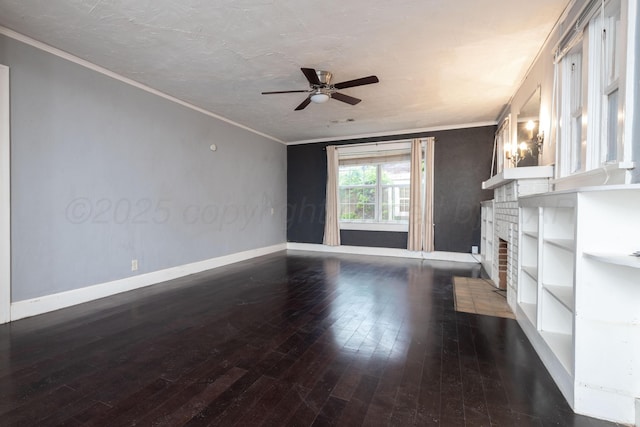 unfurnished living room with baseboards, ornamental molding, a ceiling fan, and hardwood / wood-style flooring