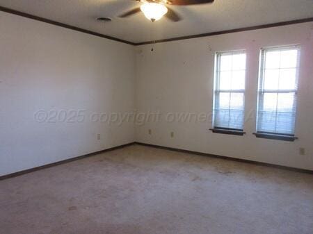 carpeted spare room with crown molding, baseboards, and a ceiling fan