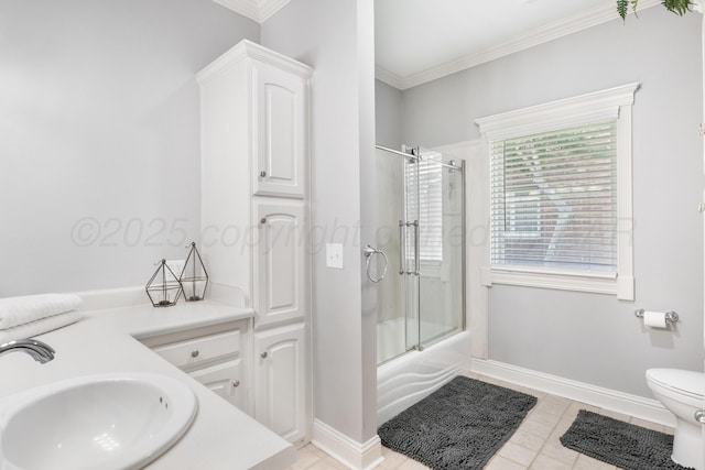 1918 Arroya Rd, Dalhart, TX 79022 - full bath featuring toilet, ornamental molding, combined bath / shower with glass door, tile patterned flooring, and baseboards