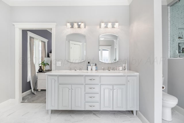 1918 Arroya Rd, Dalhart, TX 79022 - full bathroom with double vanity, crown molding, toilet, and a sink