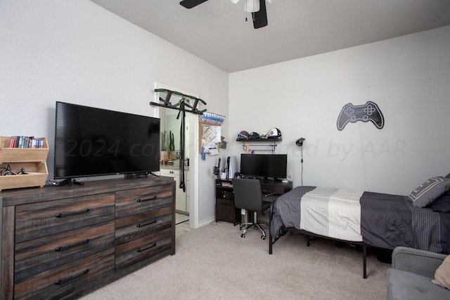 bedroom featuring ceiling fan and light carpet