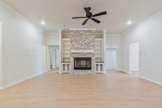 7912 Pensacola Ave, Amarillo, TX 79118 - unfurnished living room featuring ceiling fan, ornamental molding, baseboards, and light wood-style floors