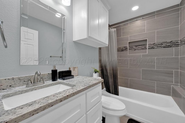 2913 Wichita Ave, Amarillo, TX 79107 - bathroom with vanity, toilet, shower / bathtub combination with curtain, and recessed lighting