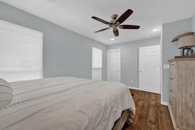 2913 Wichita Ave, Amarillo, TX 79107 - bedroom with dark wood finished floors, baseboards, recessed lighting, and a ceiling fan