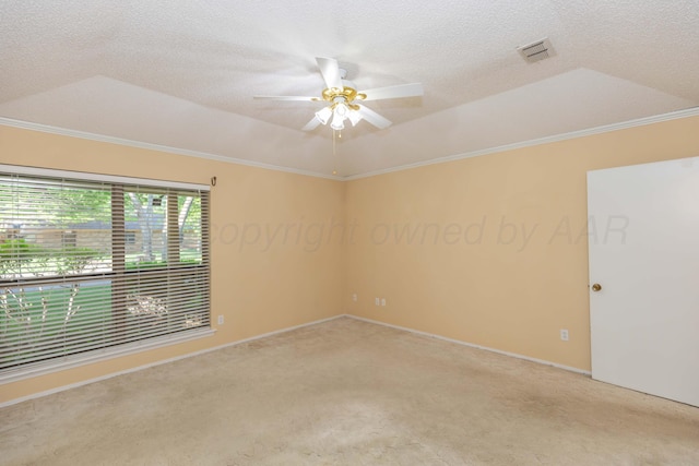 carpeted empty room featuring ceiling fan, crown molding, a raised ceiling, baseboards, and lofted ceiling