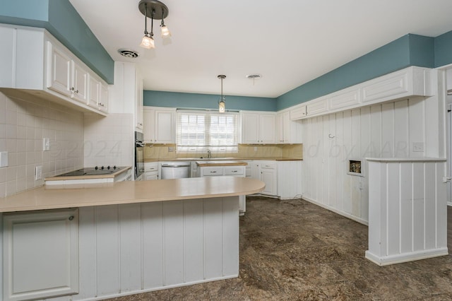 kitchen with tasteful backsplash, visible vents, a peninsula, light countertops, and black appliances