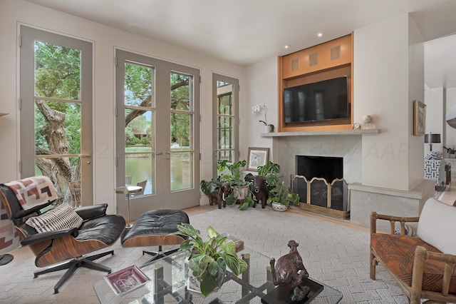 living room featuring a fireplace