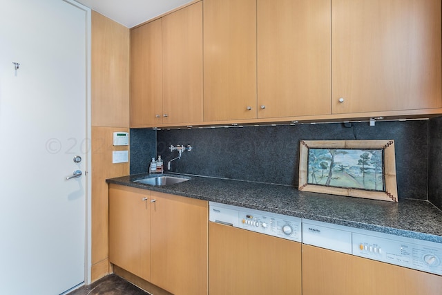 kitchen with dark stone countertops, decorative backsplash, sink, and white dishwasher