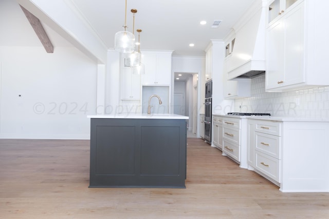 kitchen featuring double oven, decorative backsplash, white cabinets, and glass insert cabinets