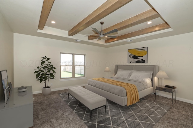 carpeted bedroom featuring ceiling fan, beam ceiling, and a raised ceiling