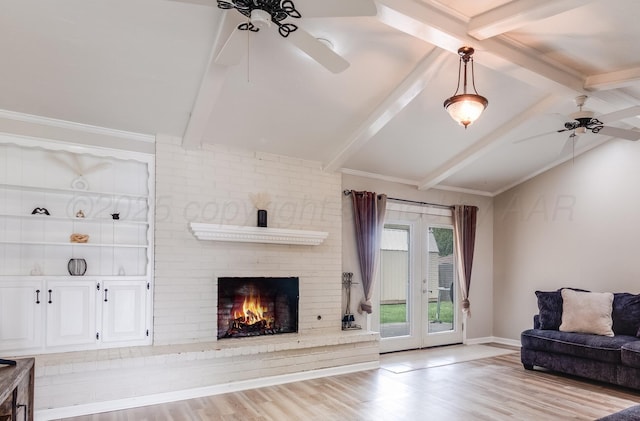 6308 Dartmouth St, Amarillo, TX 79109 - unfurnished living room featuring ceiling fan, light wood finished floors, a fireplace, and baseboards