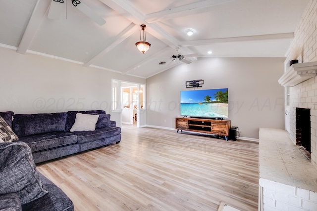 6308 Dartmouth St, Amarillo, TX 79109 - living area with a brick fireplace, a ceiling fan, baseboards, and light wood-style floors