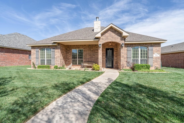 ranch-style home with brick siding and a front yard