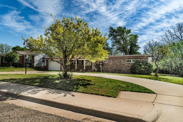 view of property hidden behind natural elements featuring a garage, a front lawn, and curved driveway