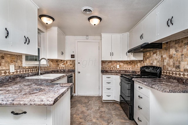 kitchen with decorative backsplash, a sink, visible vents, black range with electric cooktop, and ventilation hood
