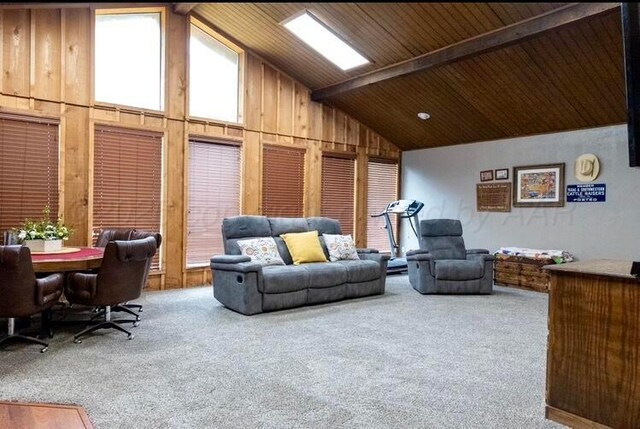 110 Dallam Ave, Dumas, TX 79029 - living room featuring high vaulted ceiling, carpet, and wood ceiling with exposed beams