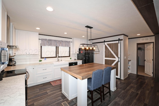 707 Trice St, Claude, TX 79019 - kitchen featuring dark wood-style flooring, white cabinets, a barn door, visible vents, and a sink
