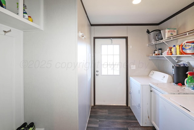 707 Trice St, Claude, TX 79019 - laundry area with washer and clothes dryer, dark wood-style flooring, laundry area, and ornamental molding