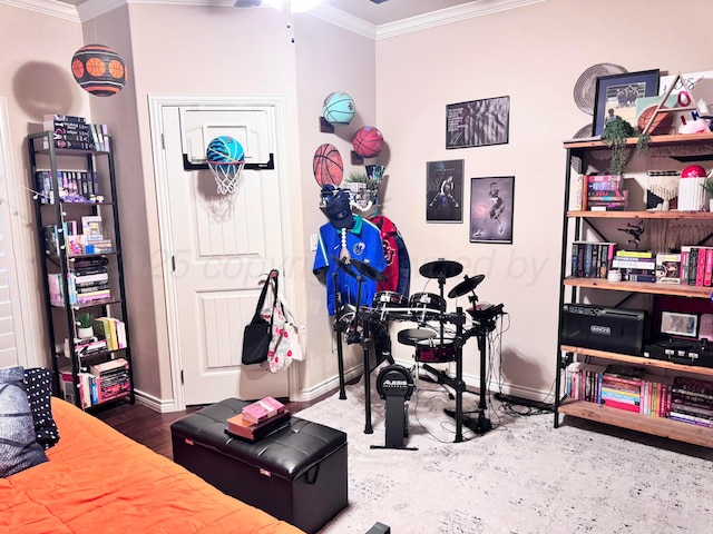 interior space with dark hardwood / wood-style flooring and crown molding