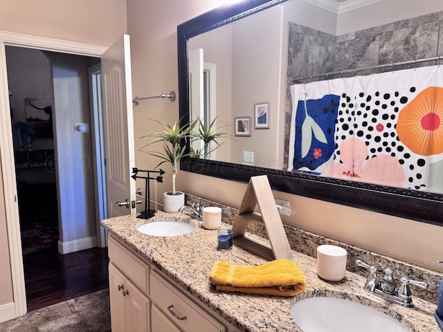 bathroom with a shower with curtain and vanity