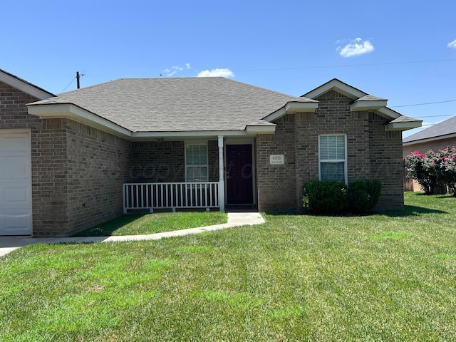 4016 S Williams St, Amarillo, TX 79118 - ranch-style home featuring a porch, brick siding, a front yard, an attached garage, and a shingled roof