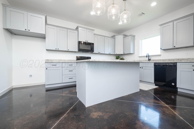 4108 Inez Way, Amarillo, TX 79124 - kitchen featuring black appliances, gray cabinets, decorative light fixtures, baseboards, and a center island