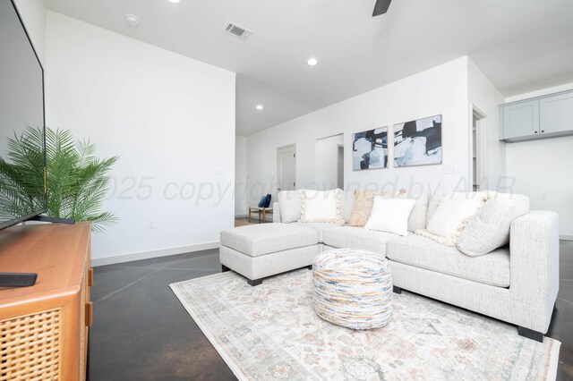 4108 Inez Way, Amarillo, TX 79124 - living area with baseboards, recessed lighting, concrete floors, and ceiling fan