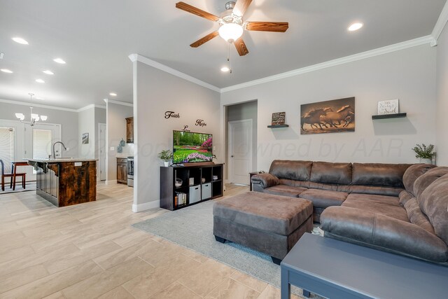 5013 Gloster St, Amarillo, TX 79118 - living area featuring a ceiling fan, a chandelier, recessed lighting, and crown molding
