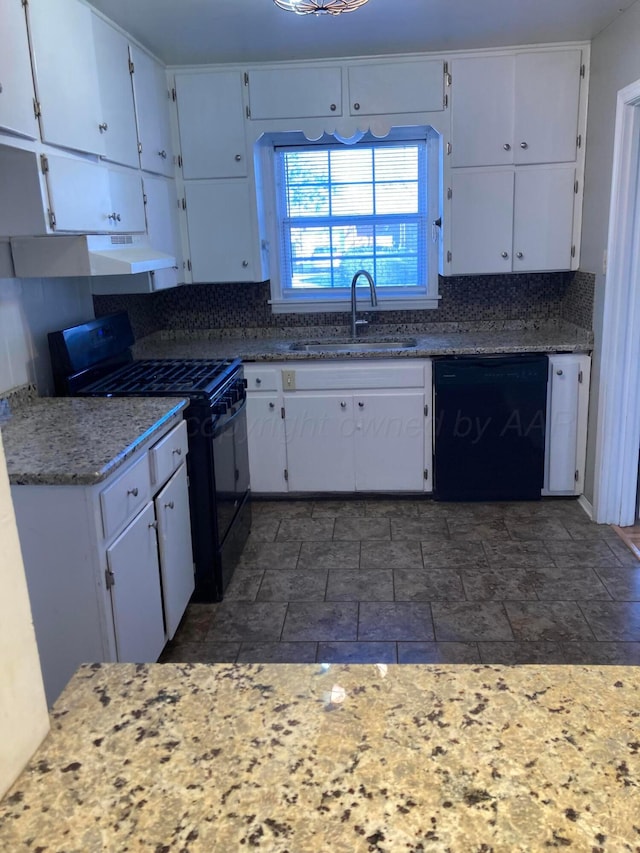 3706 Lenwood Dr, Amarillo, TX 79109 - kitchen featuring black appliances, a sink, white cabinets, under cabinet range hood, and light stone countertops