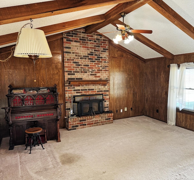 living room featuring light colored carpet, wooden walls, and vaulted ceiling with beams