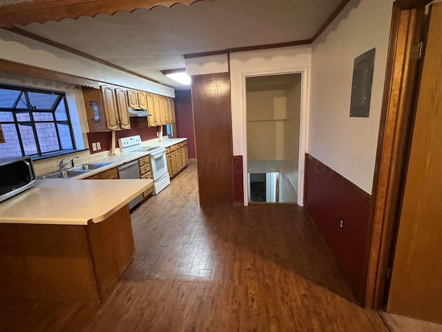 kitchen featuring white range with electric cooktop, sink, electric panel, kitchen peninsula, and light wood-type flooring