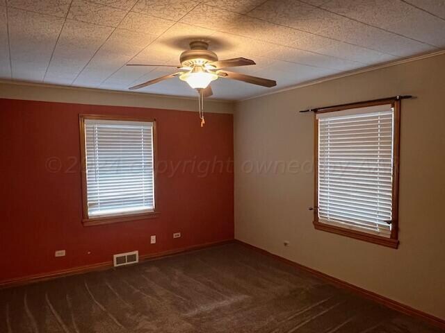 carpeted empty room featuring ornamental molding and ceiling fan