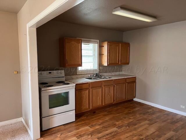 kitchen with white range with electric cooktop, sink, and wood-type flooring