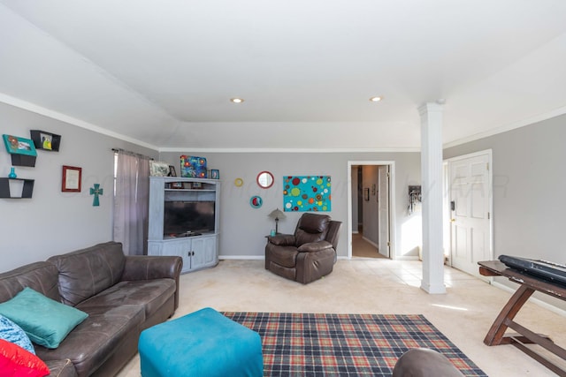 living area featuring ornate columns, carpet flooring, crown molding, recessed lighting, and baseboards