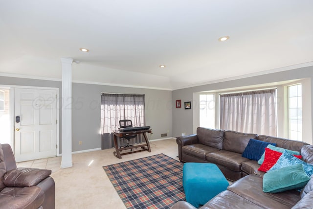 living room with carpet flooring, decorative columns, baseboards, crown molding, and recessed lighting