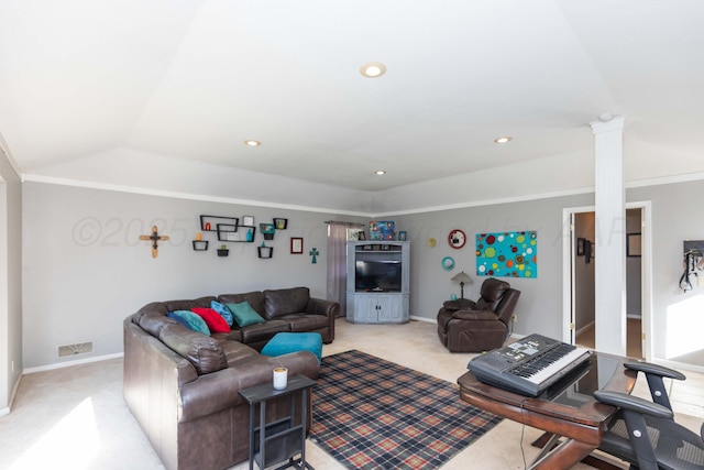 living area featuring recessed lighting, light colored carpet, ornate columns, baseboards, and ornamental molding