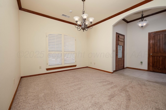 8102 Little Rock Dr, Amarillo, TX 79118 - empty room with light carpet, arched walkways, crown molding, a chandelier, and light tile patterned floors