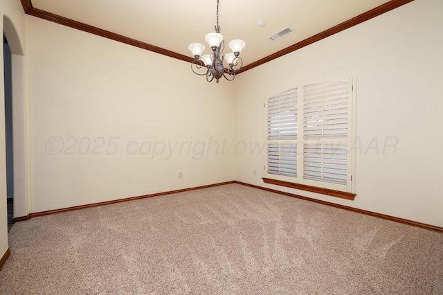8102 Little Rock Dr, Amarillo, TX 79118 - carpeted empty room featuring crown molding, a chandelier, and arched walkways