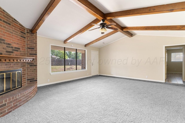 5003 Greenway Pl, Amarillo, TX 79109 - unfurnished living room with carpet floors, a ceiling fan, and a fireplace